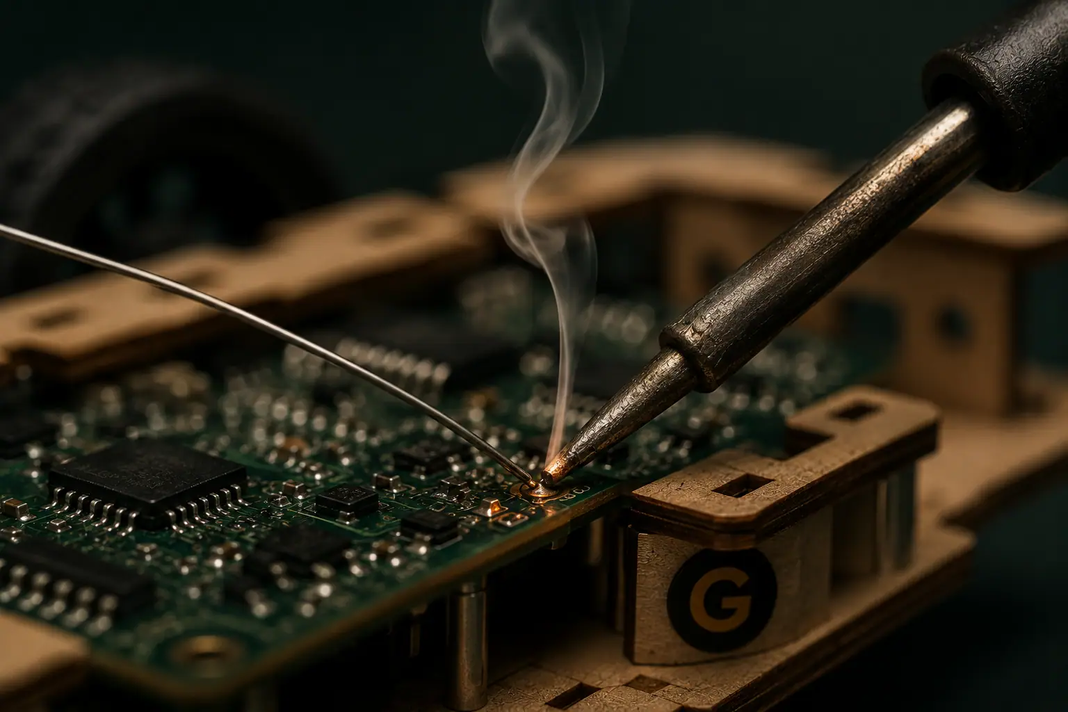 Students building a robot in class