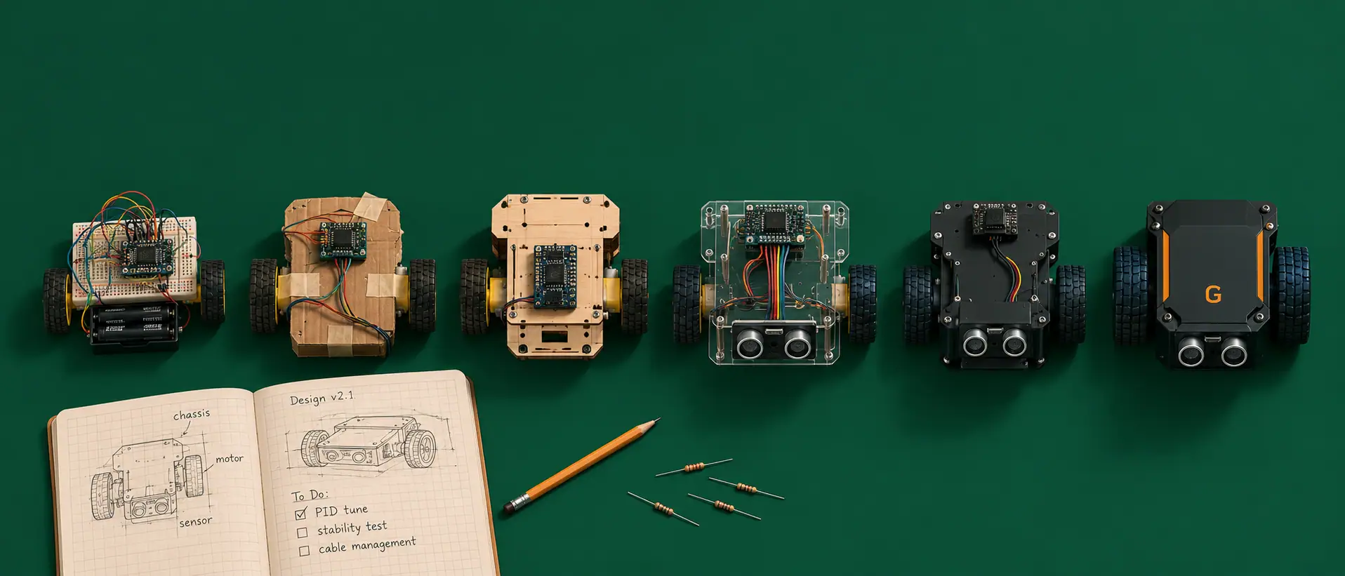 Six GRobotics prototypes in a row — breadboard to finished robot