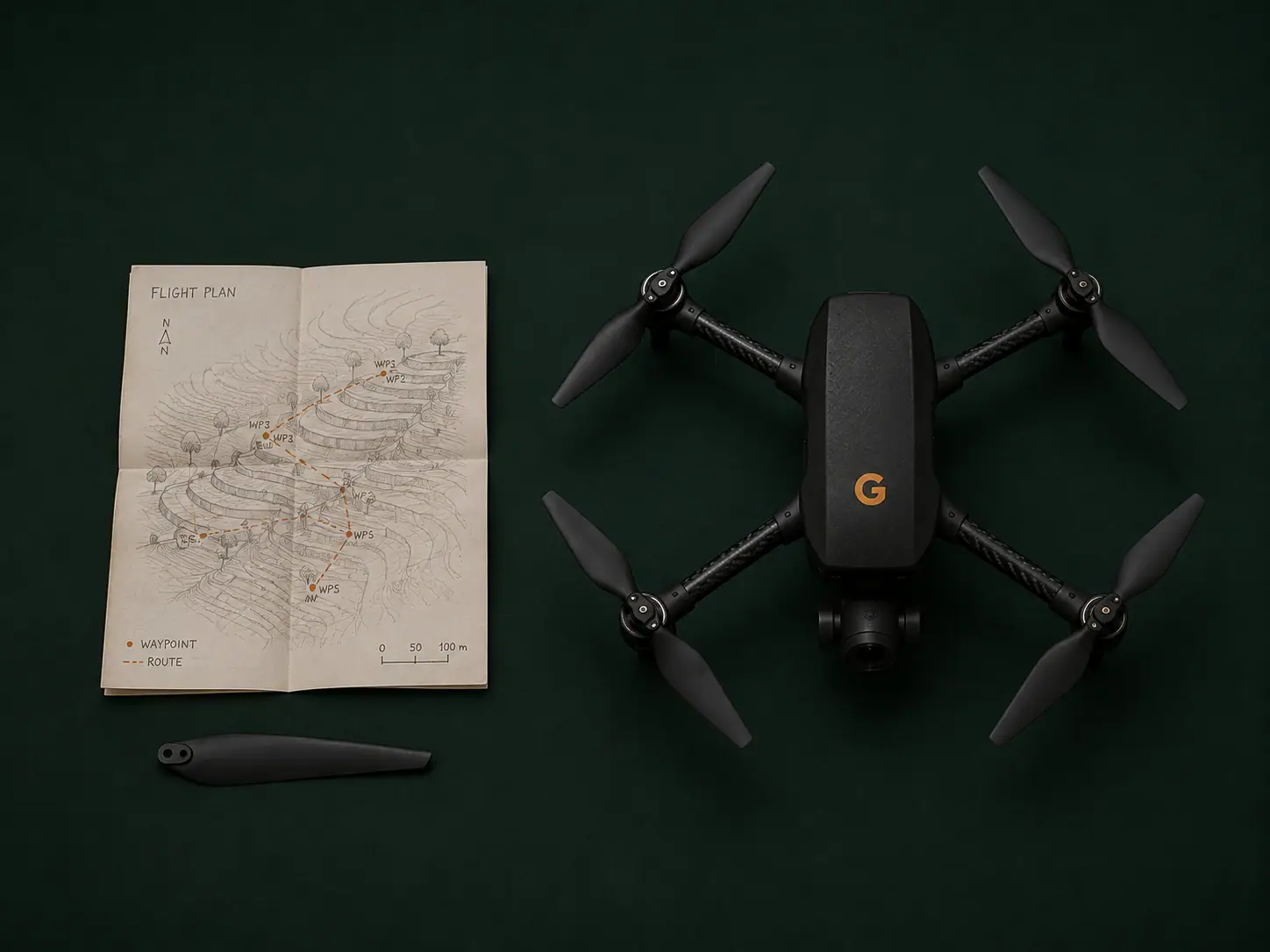 Survey drone over terraced hillside